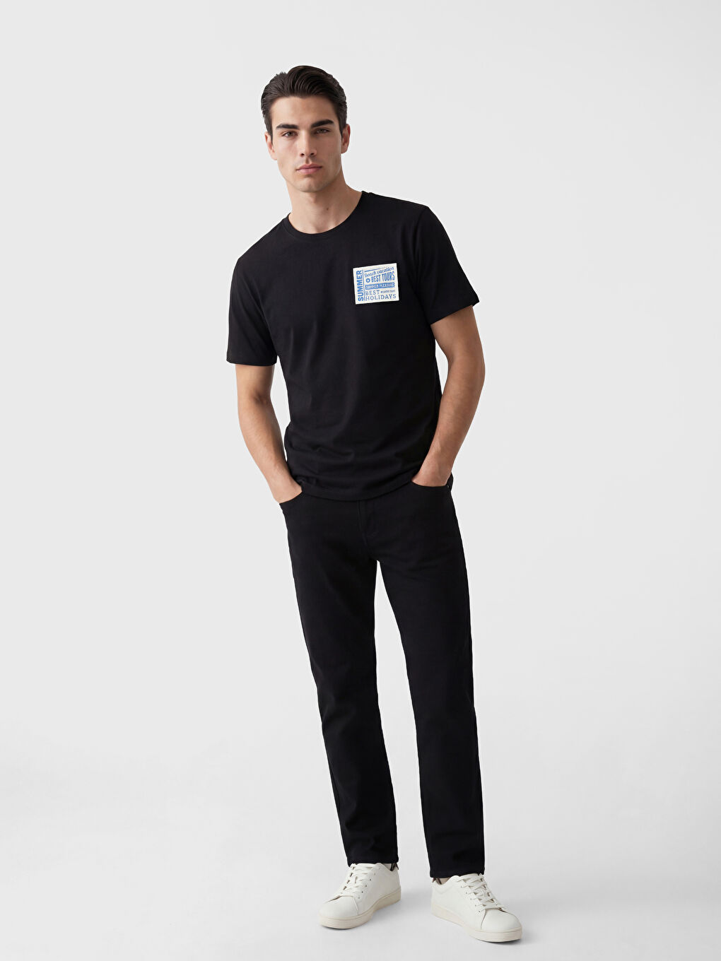 Siyah Bisiklet Yaka Baskılı Erkek Penye Tişört-1