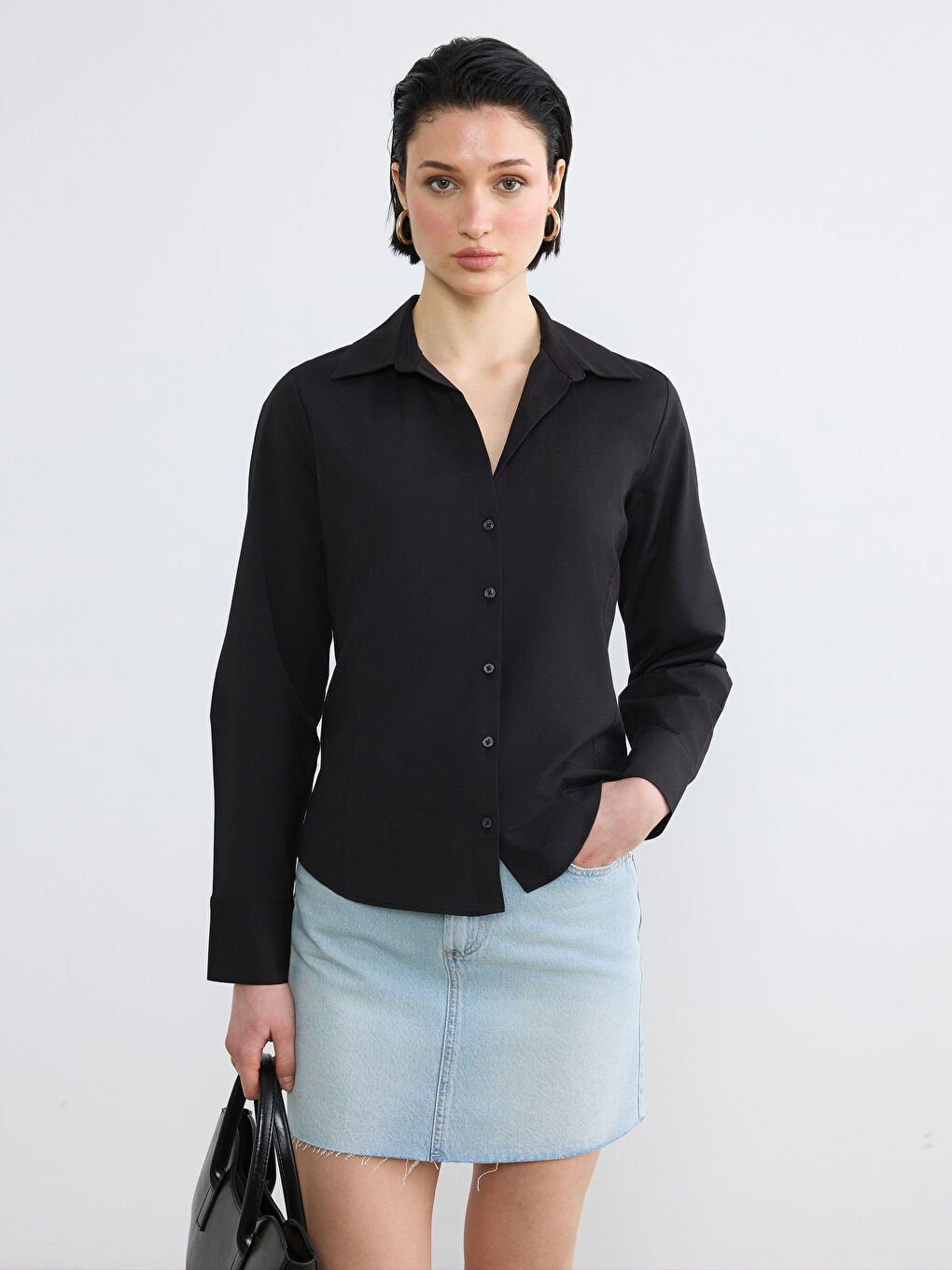 Siyah Slim Fit Kadın Gömlek-1