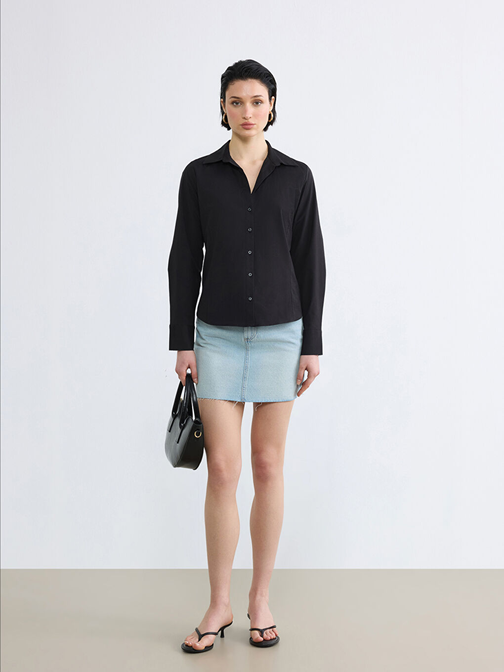 Siyah Slim Fit Kadın Gömlek-2