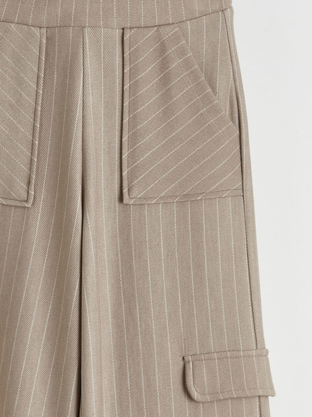 Bej Beli Lastikli Çizgili Kız Çocuk Pantolon-2