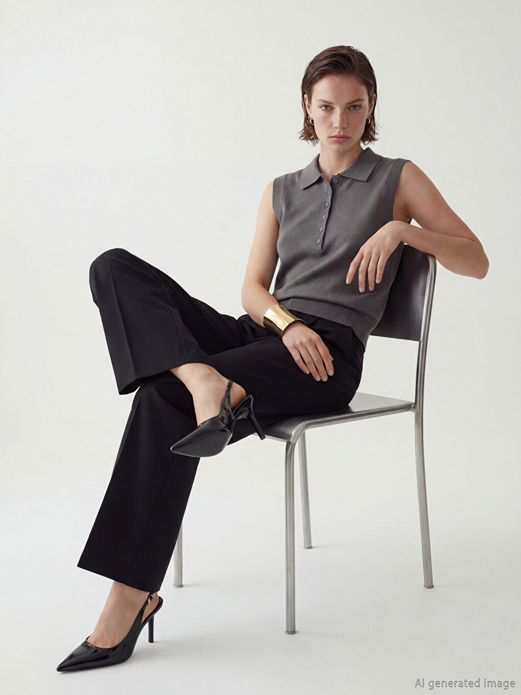 Ženski prsluk od pletenog džempera sa polo kragnom