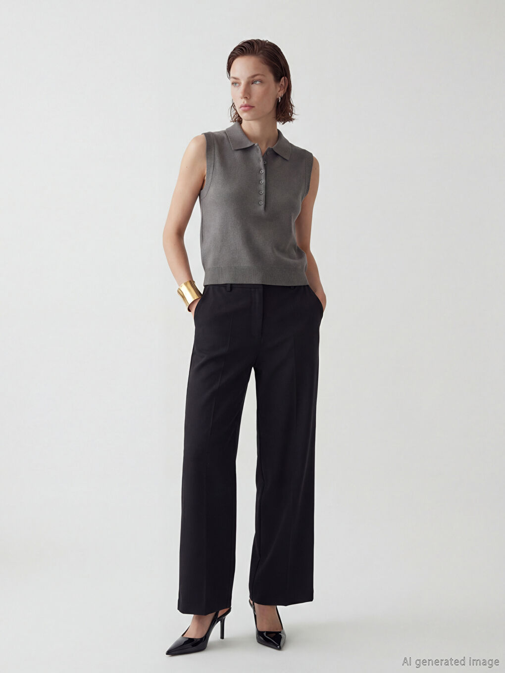 Ženski prsluk od pletenog džempera sa polo kragnom-1