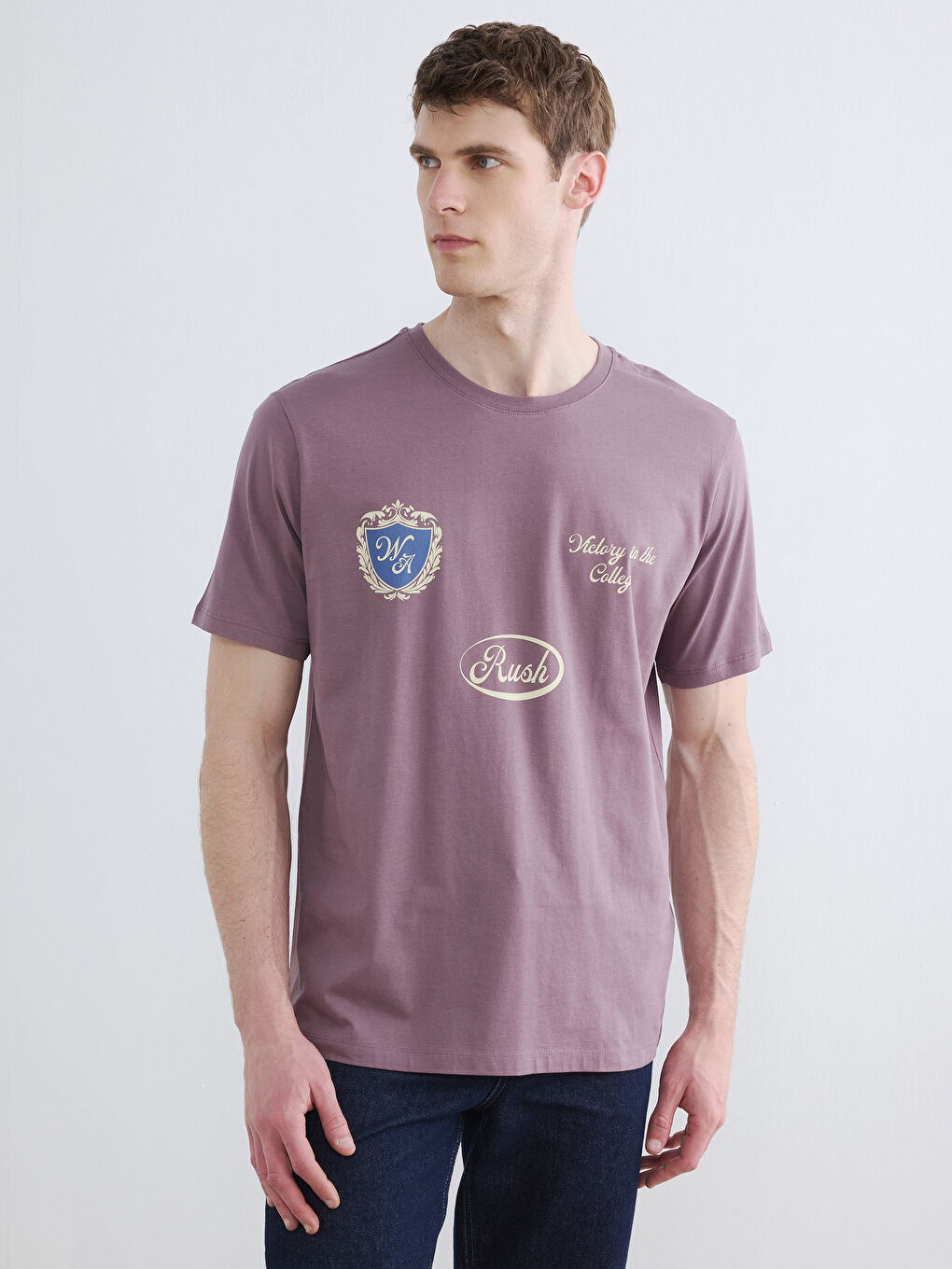 Pembe Bisiklet Yaka Baskılı Penye Erkek Tişört