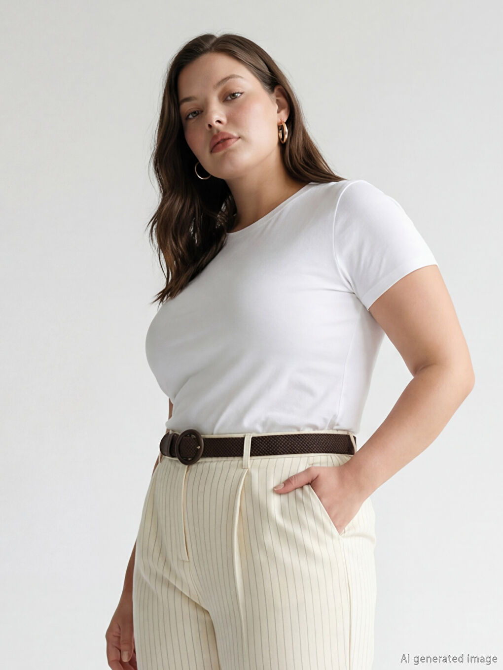 Beyaz Büyük Beden Bisiklet Yaka Kadın Tişört