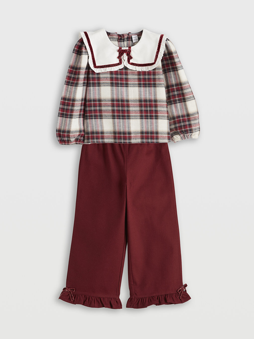 Bordo Bebe Yaka Ekose Kız Çocuk Bluz ve Pantolon