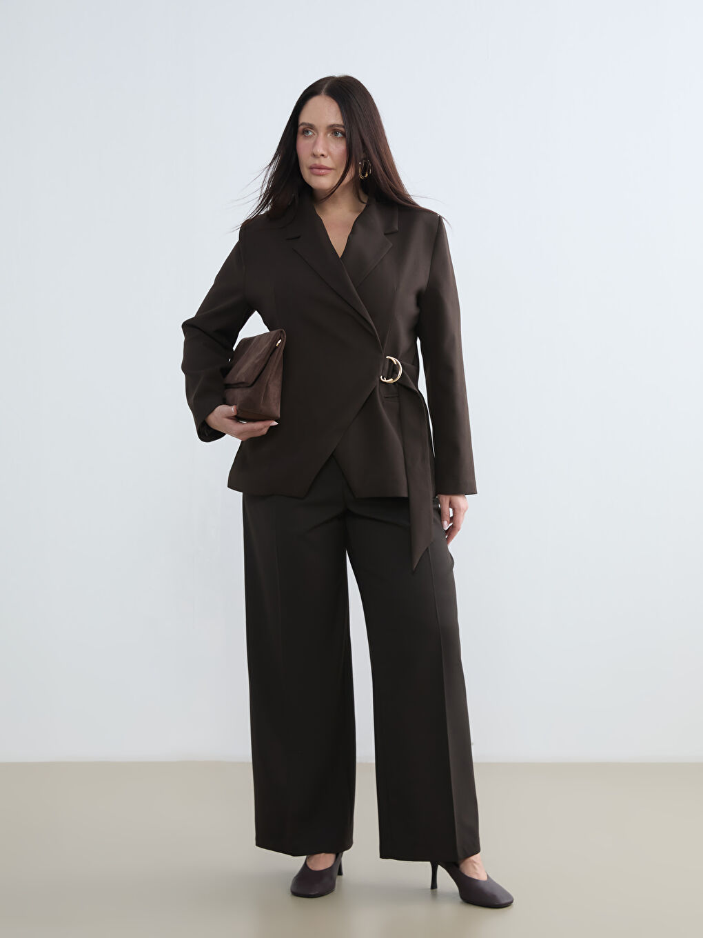 Kahverengi Yüksek Bel Geniş Paça Kadın Pantolon-1