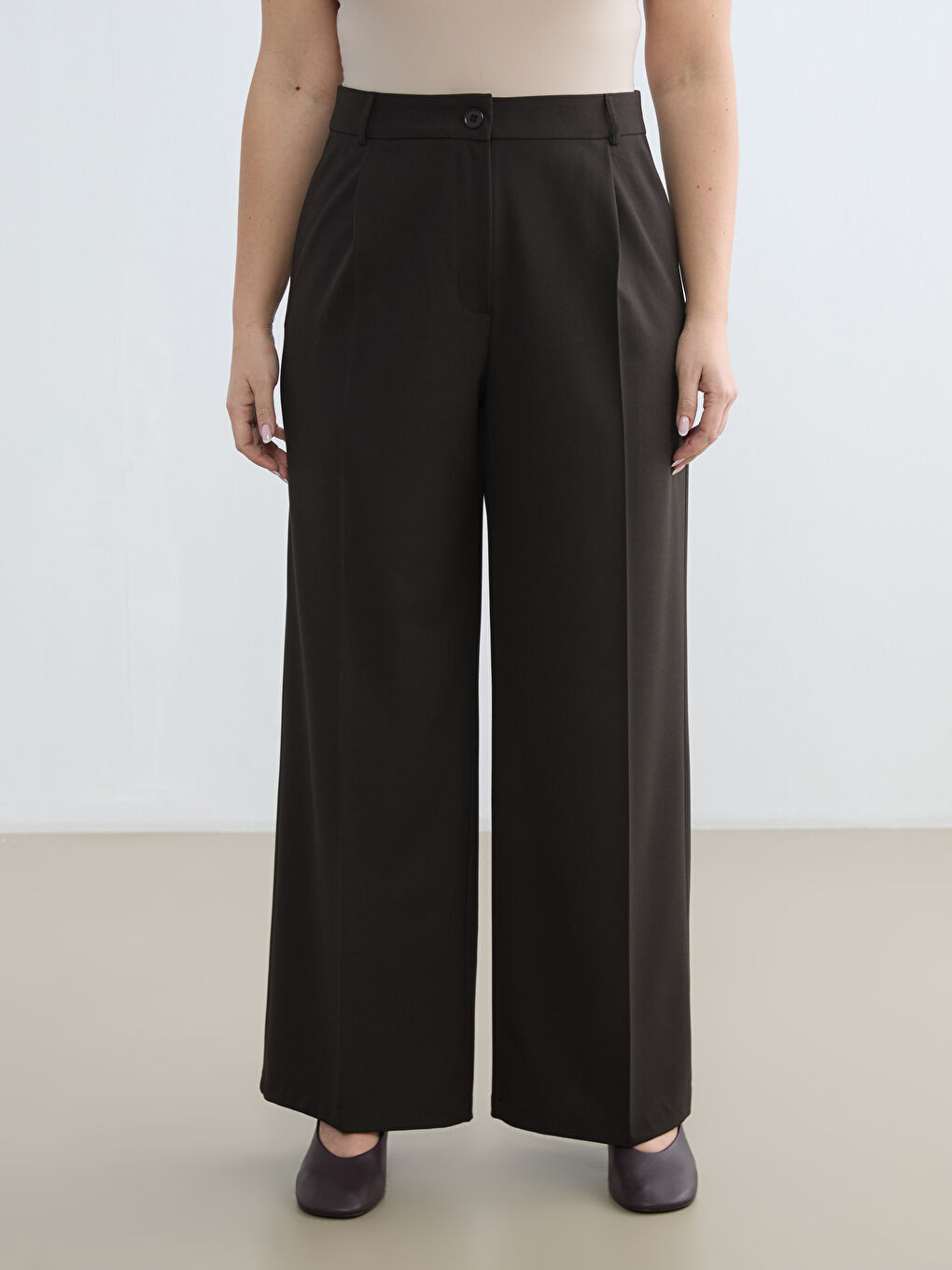 Kahverengi Yüksek Bel Geniş Paça Kadın Pantolon-5