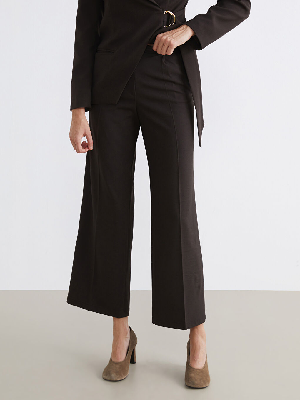 Kahverengi Yüksek Bel Geniş Paça Kadın Pantolon-2