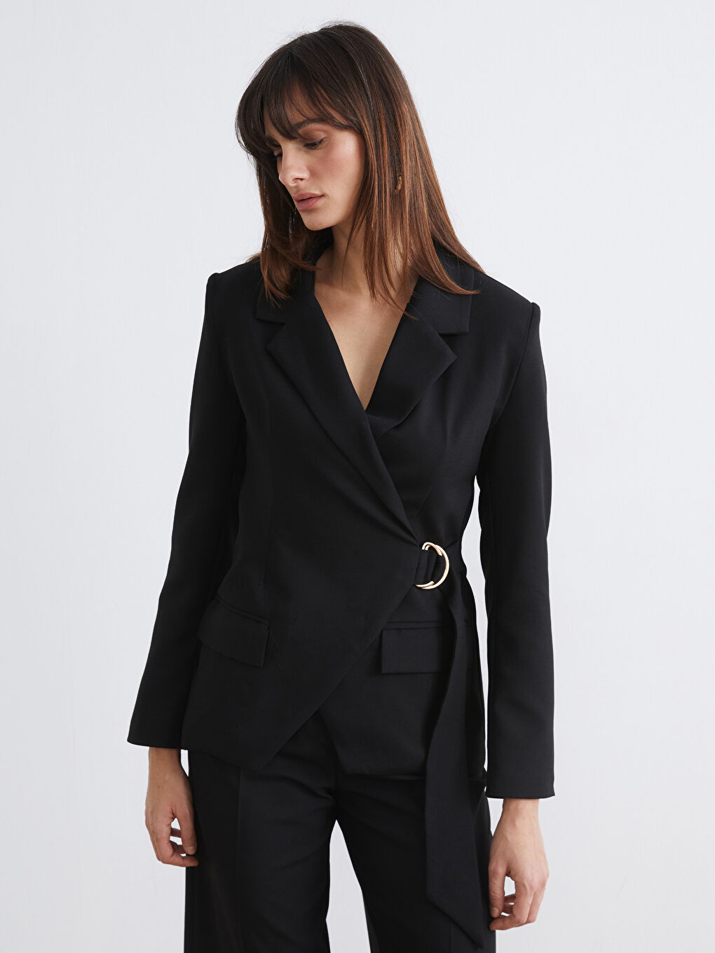 Siyah Kruvaze Yaka Kadın Blazer Ceket