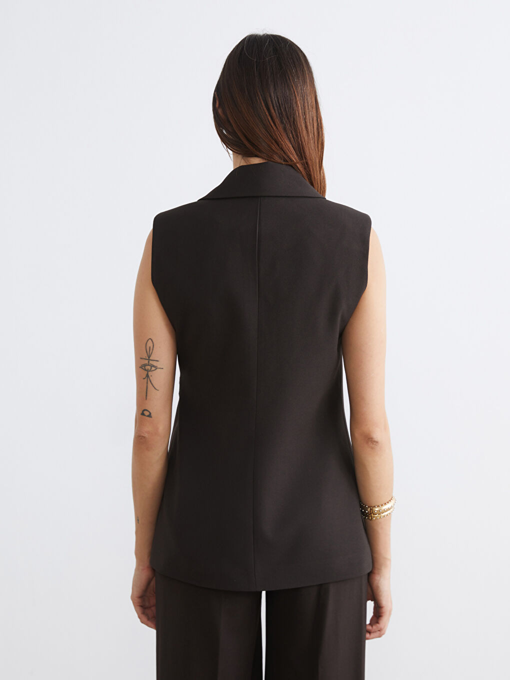 Kahverengi Kruvaze Yaka Fular Bağlamalı Kadın Klasik Yelek-4