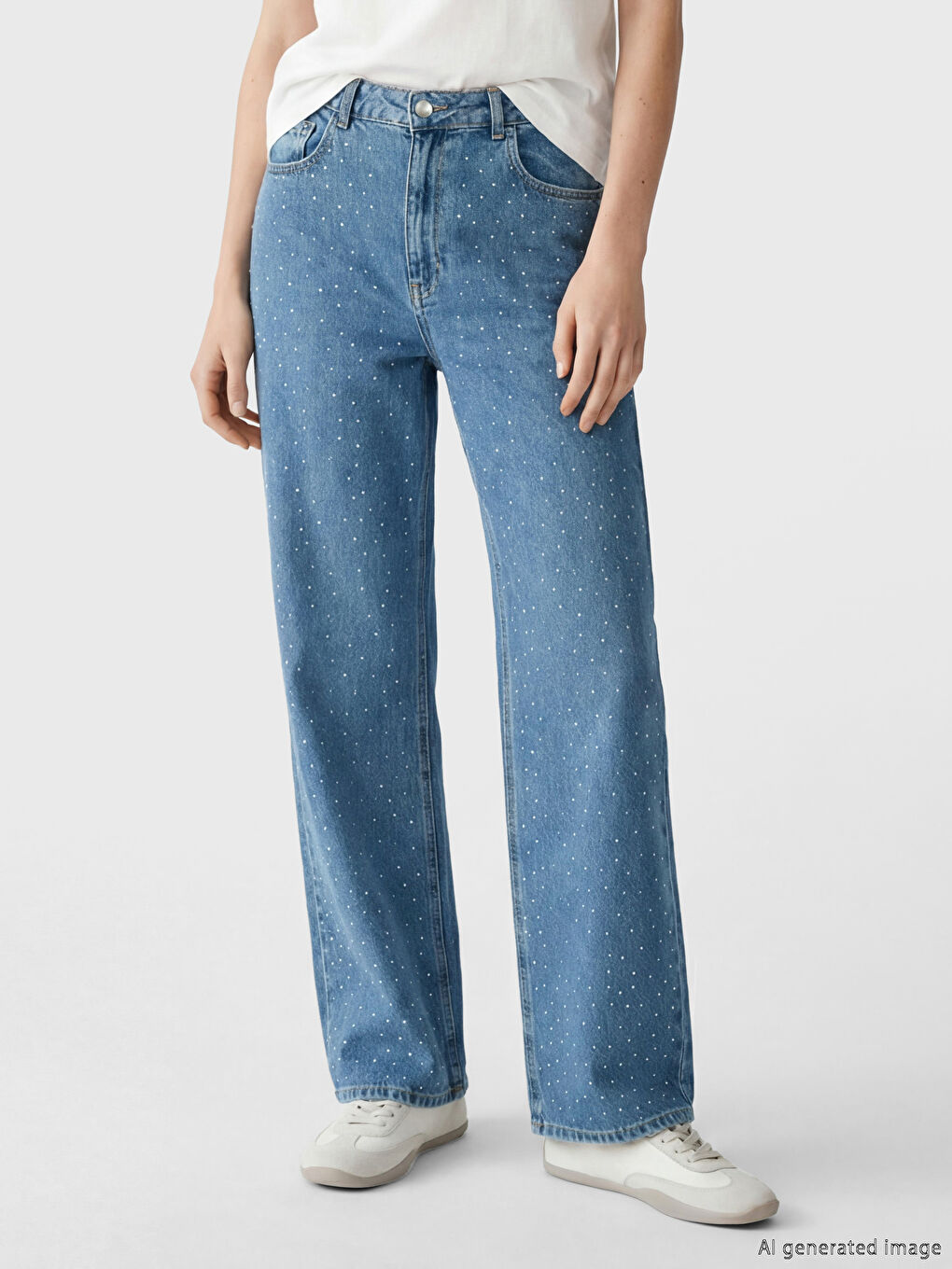 İndigo Wideleg Taşlı Kadın Jean Pantolon-1