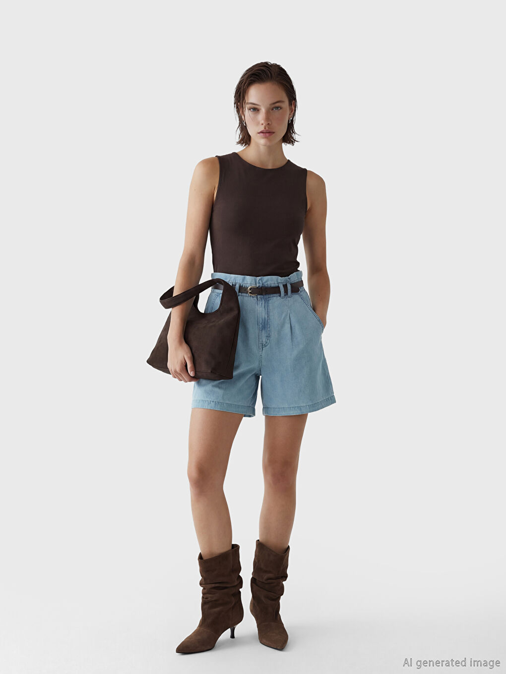 Short en jean avec ceinture, coupe ample