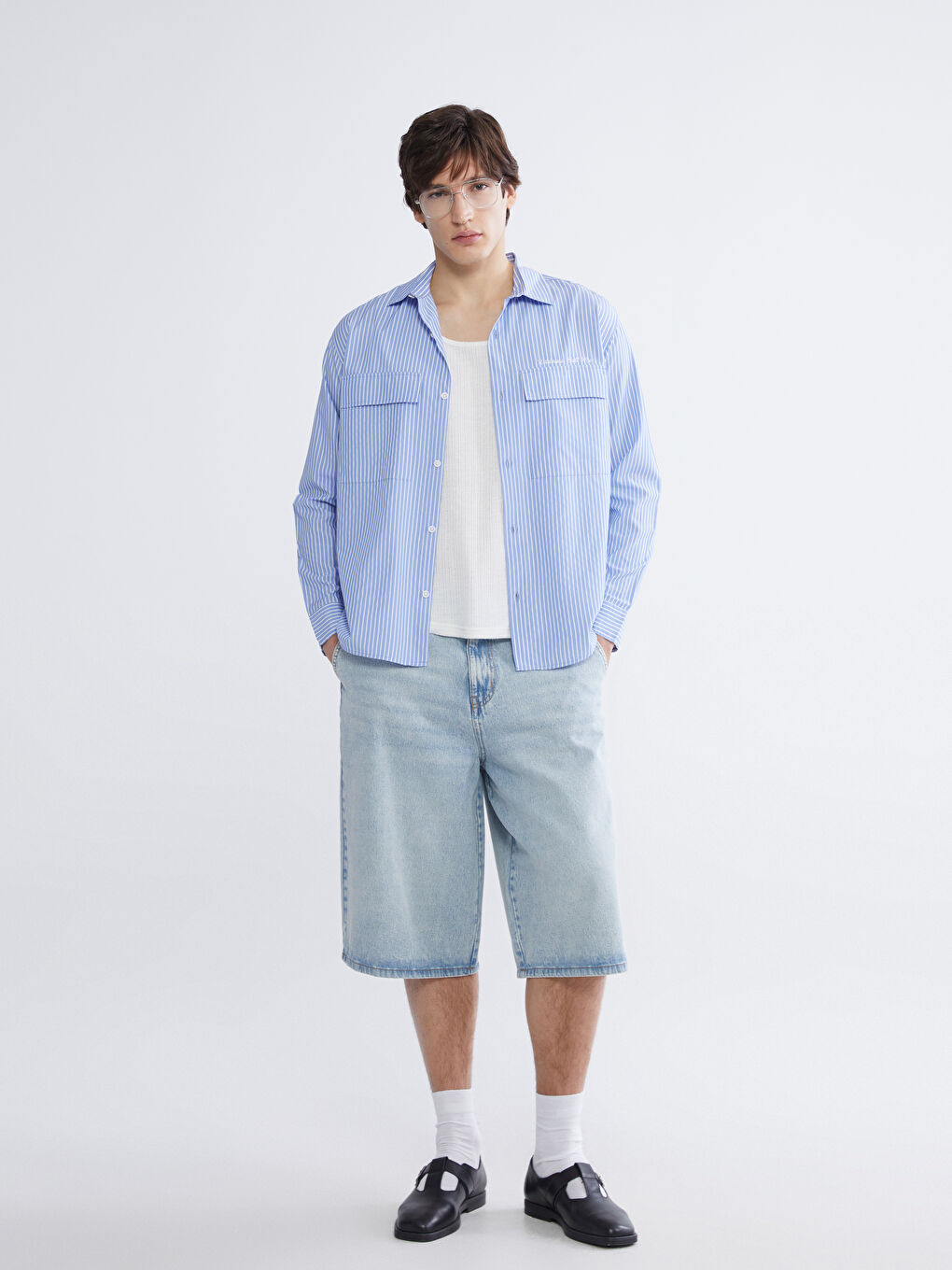 Mavi Loose Fit Çizgili Erkek Gömlek-1