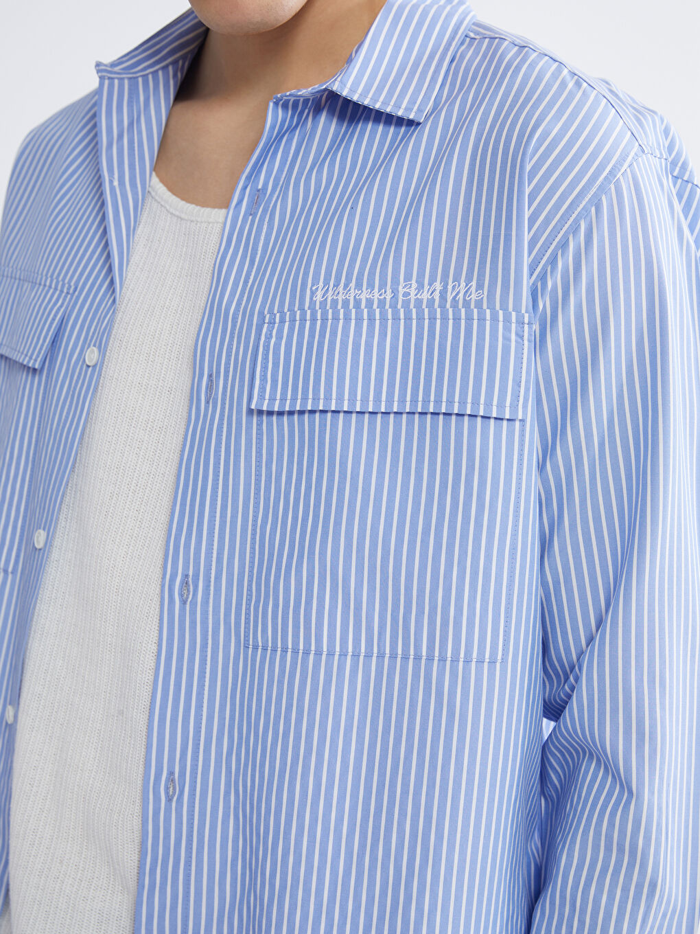 Mavi Loose Fit Çizgili Erkek Gömlek-2
