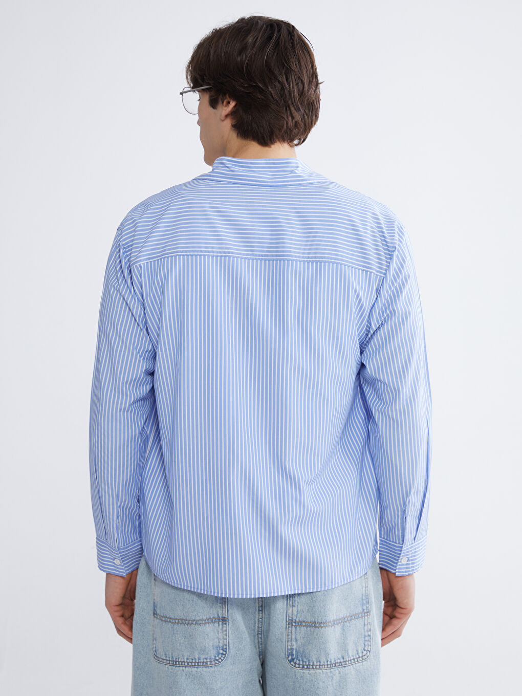 Mavi Loose Fit Çizgili Erkek Gömlek-3