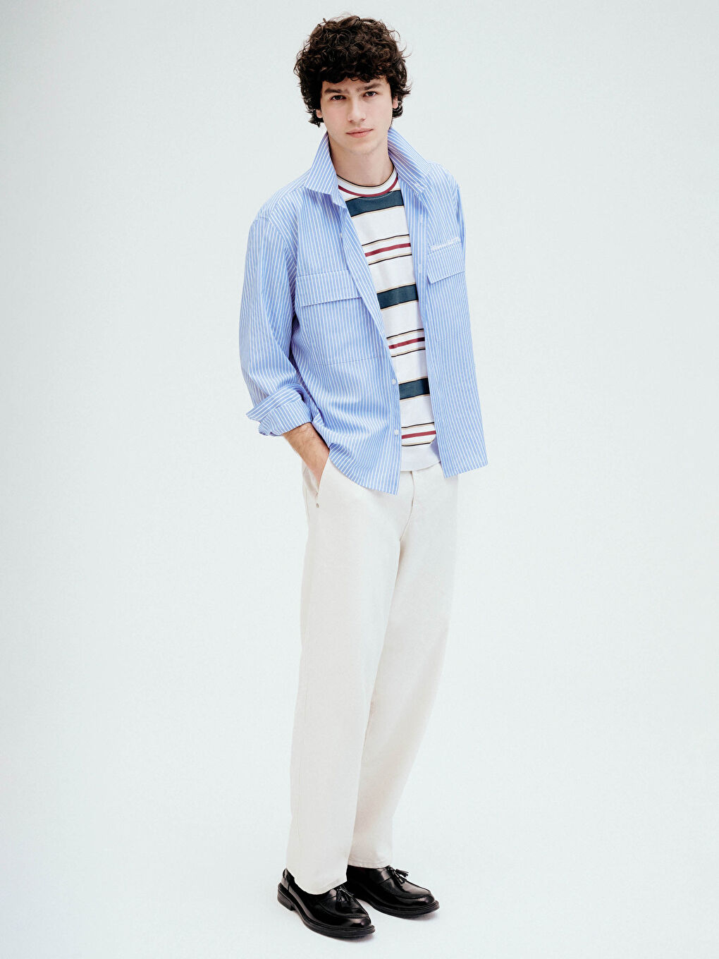 Mavi Loose Fit Çizgili Erkek Gömlek-1