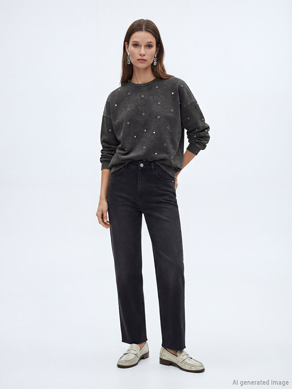 Antrasit Taşlı Oversize Kadın Kalın Sweatshirt Tunik-1