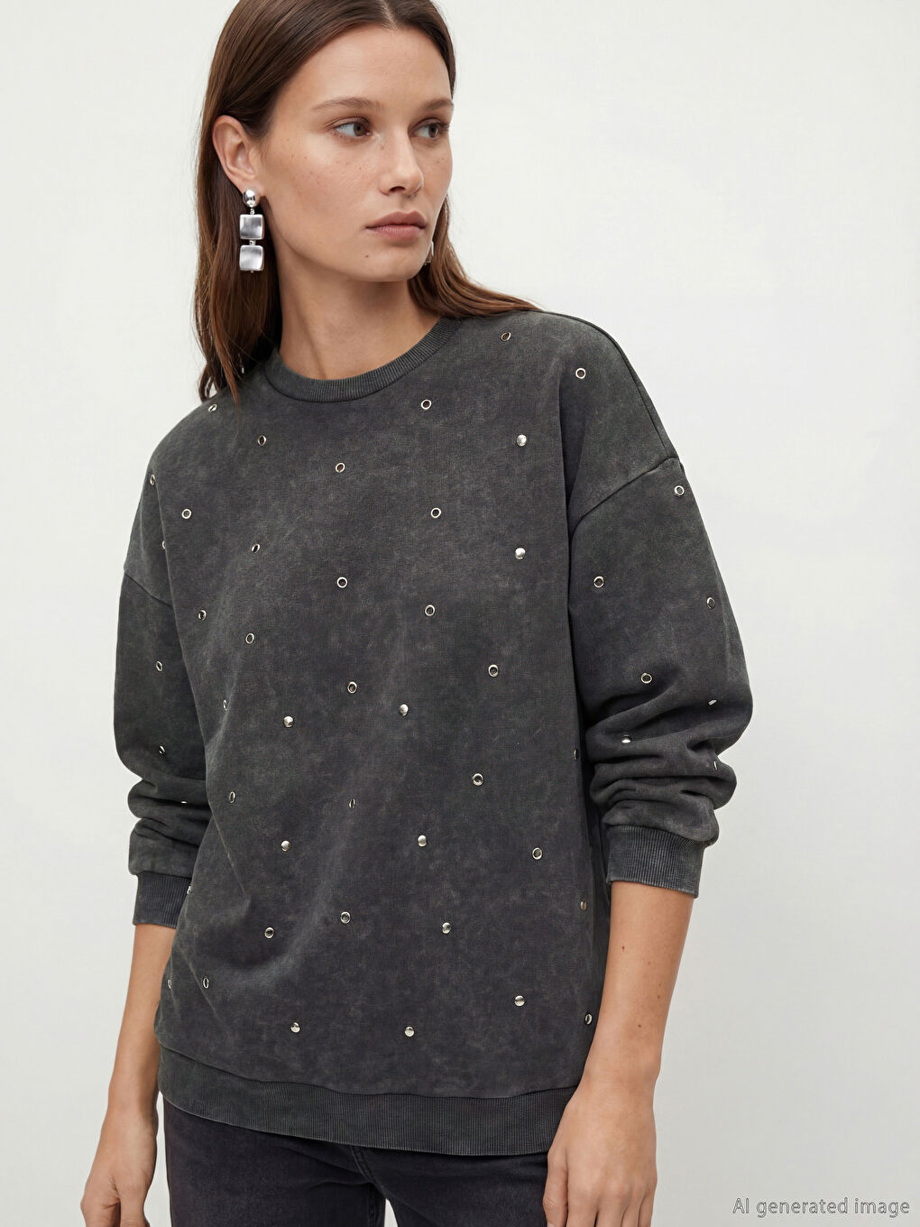 Antrasit Taşlı Oversize Kadın Kalın Sweatshirt Tunik-2