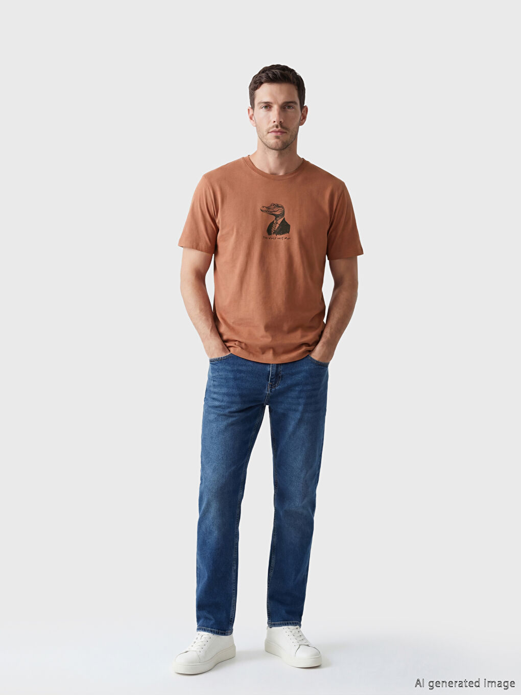 Kahverengi Bisiklet Yaka Baskılı Erkek Tişört-1