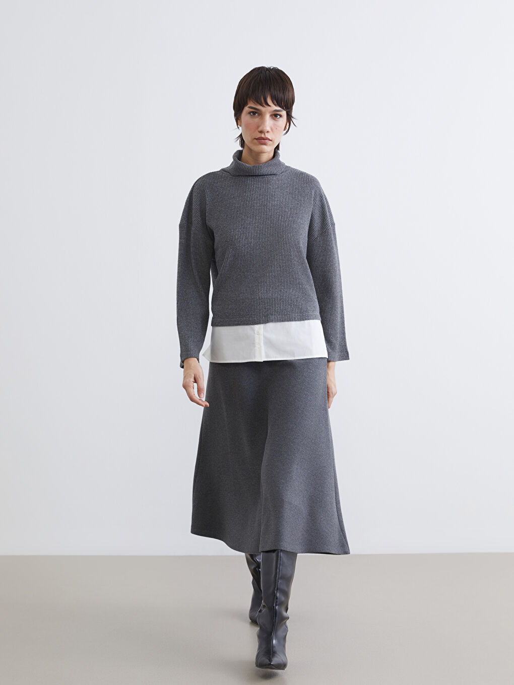 Antrasit Beli Lastikli A Kesim Triko Etek