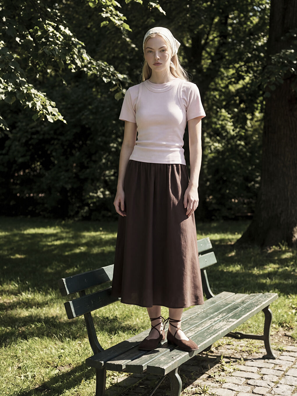 Kahverengi Beli Lastikli Poplin Kloş Etek