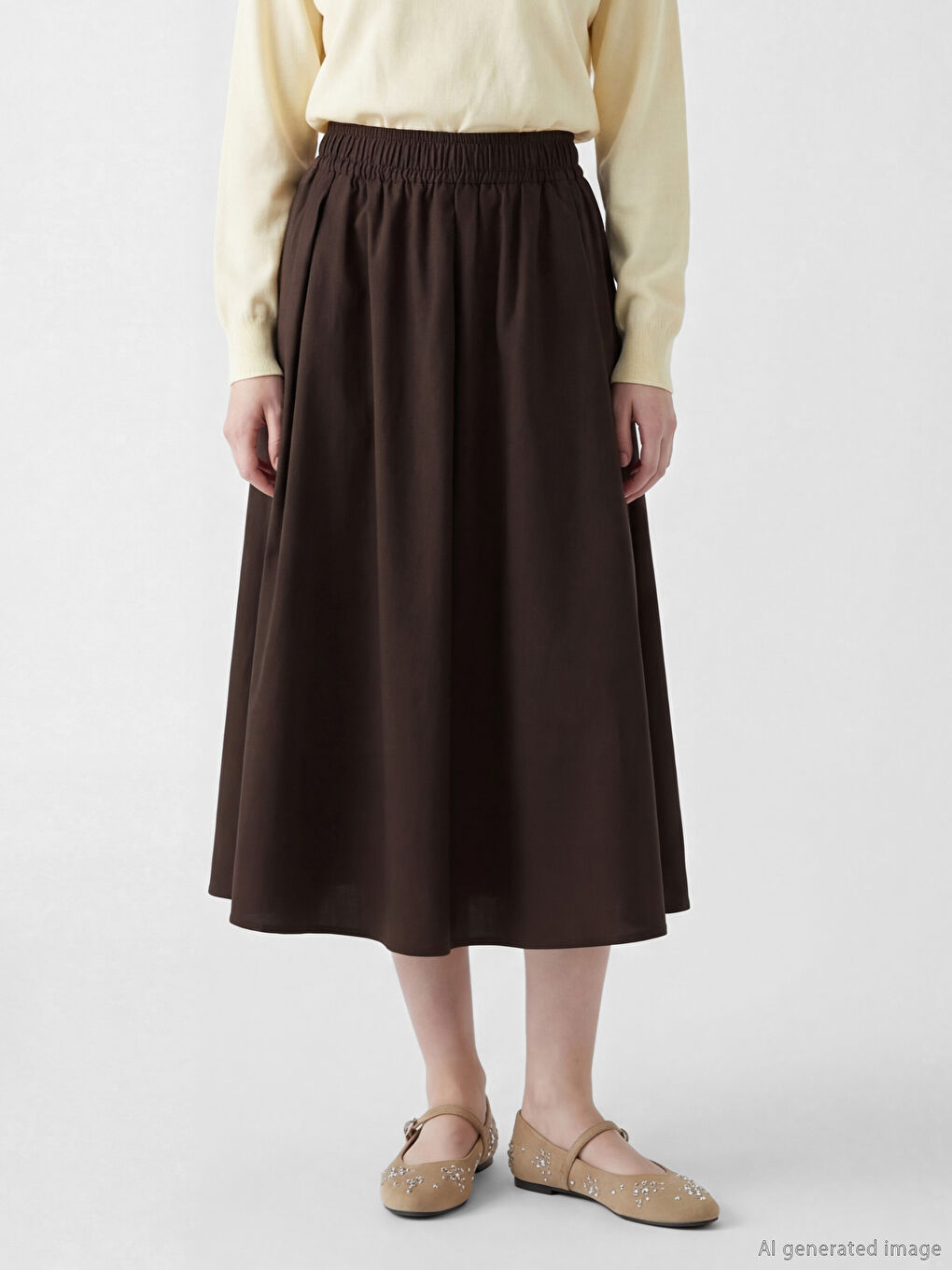 Kahverengi Beli Lastikli Poplin Kloş Etek-1