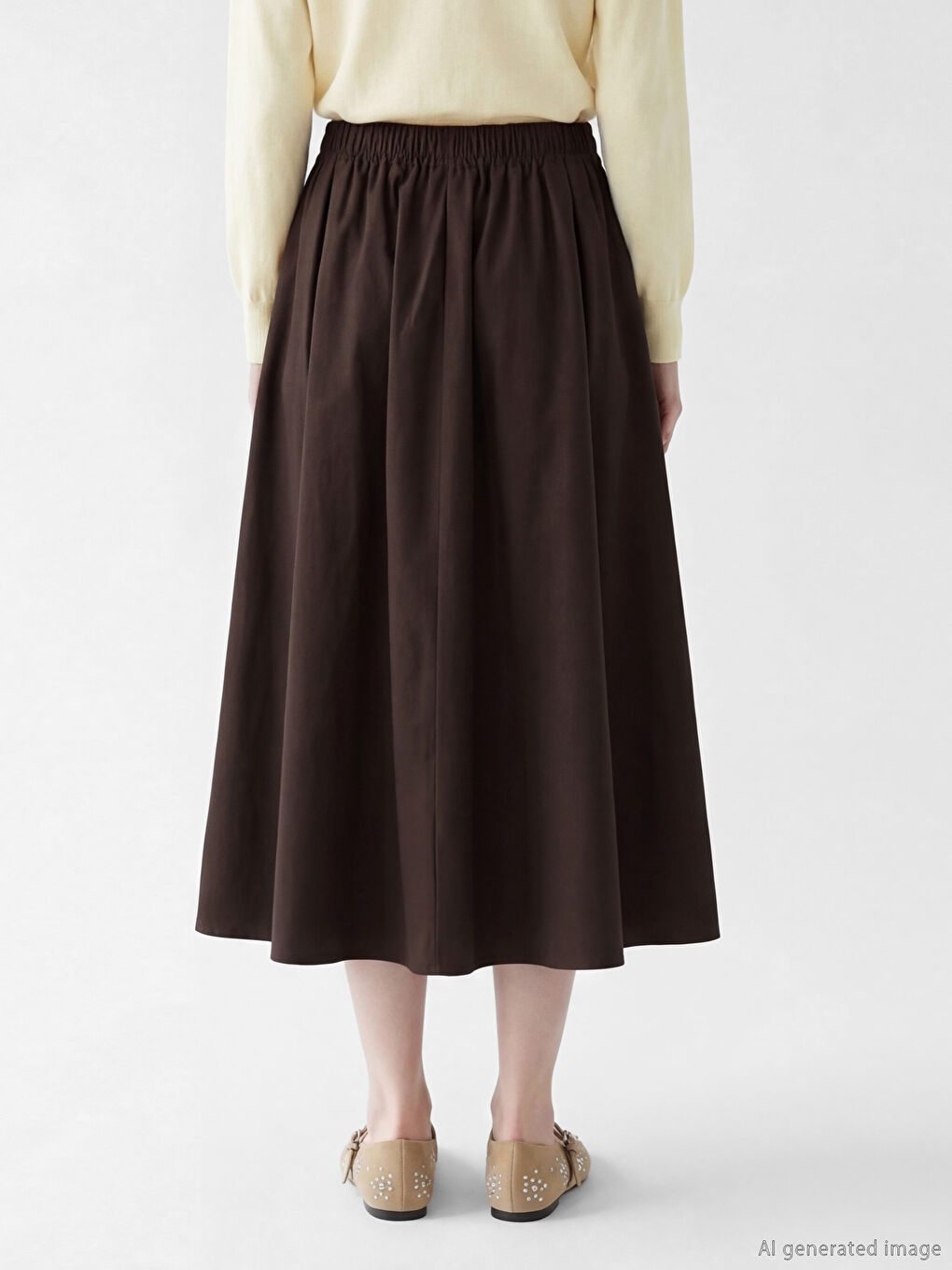 Kahverengi Beli Lastikli Poplin Kloş Etek-2