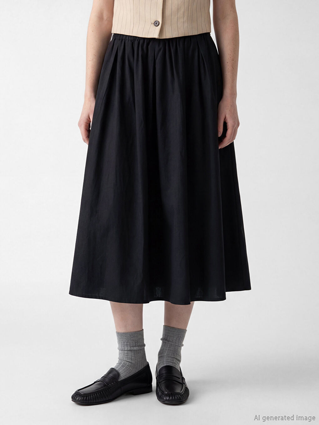 Siyah Beli Lastikli Poplin Kloş Etek-1