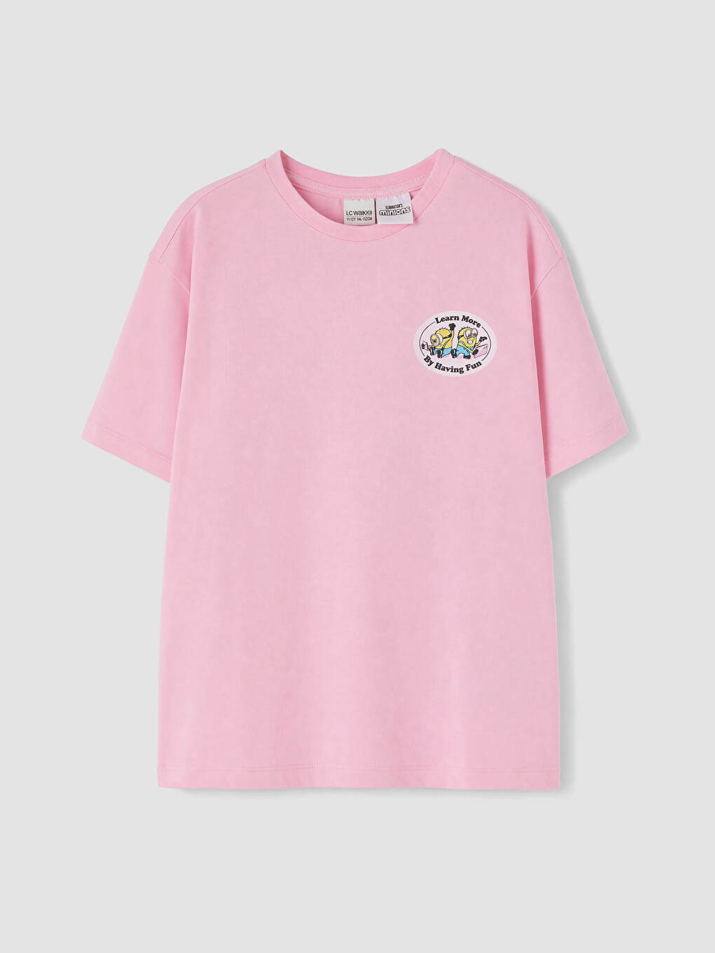 Pembe Bisiklet Yaka Minions Baskılı Kız Çocuk Tişört-1
