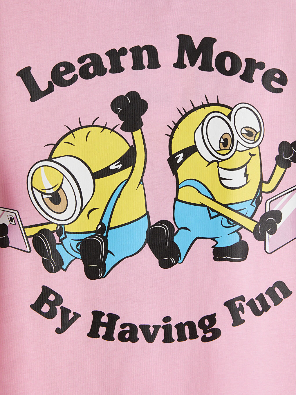Pembe Bisiklet Yaka Minions Baskılı Kız Çocuk Tişört-2