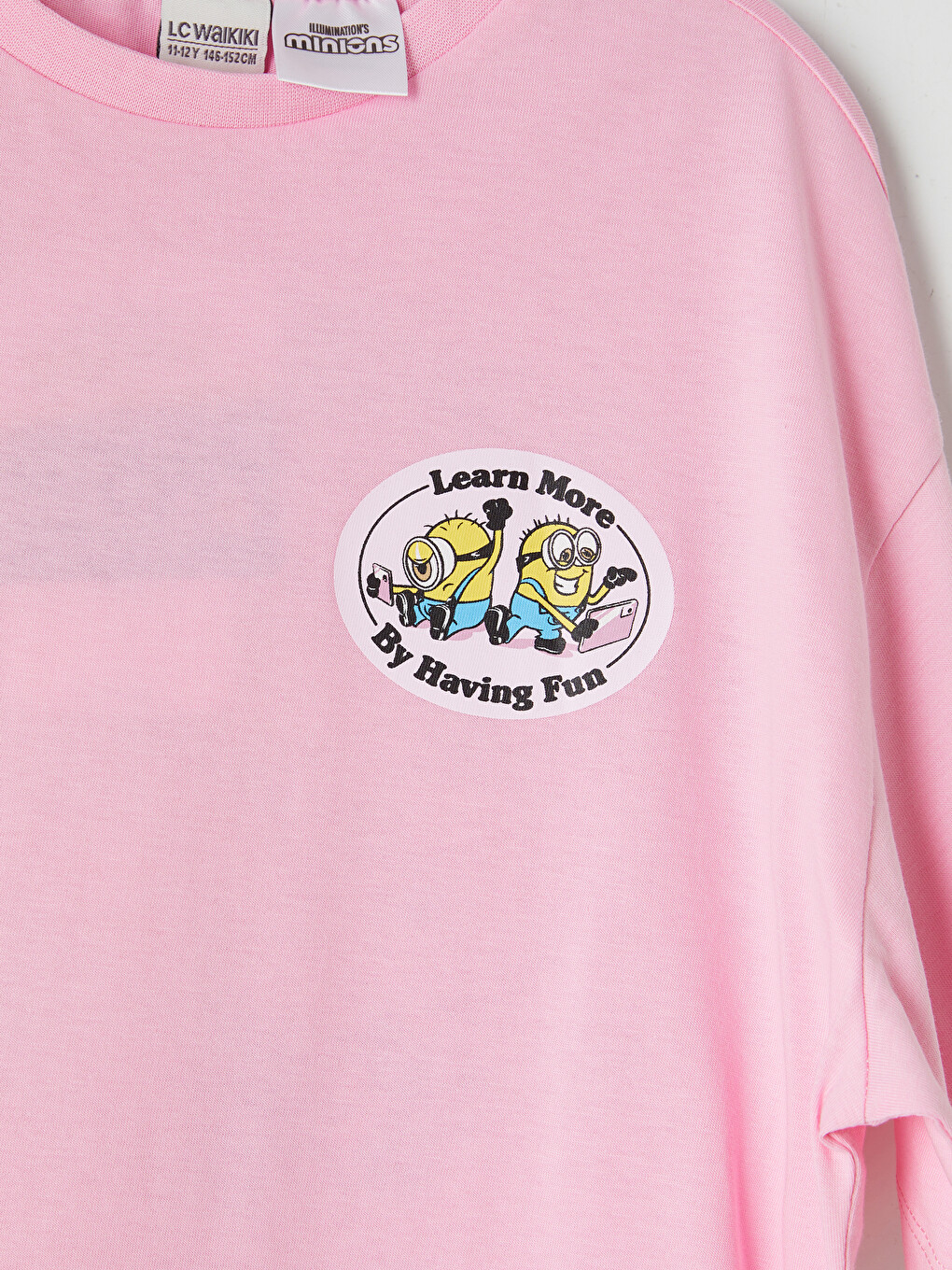 Pembe Bisiklet Yaka Minions Baskılı Kız Çocuk Tişört-3