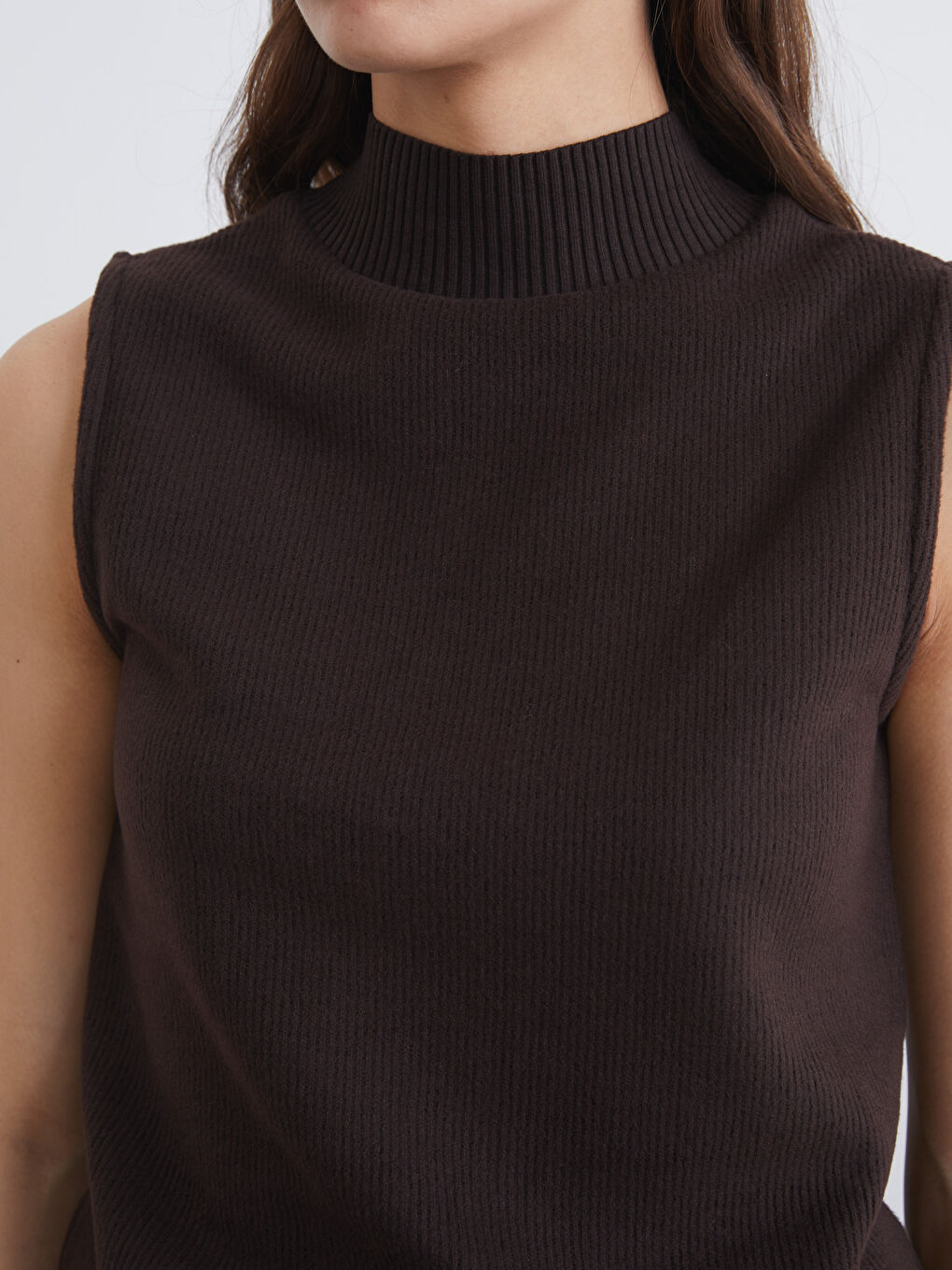 Kahverengi Yarım Balıkçı Yaka Fitilli Kadın Triko Süveter-2