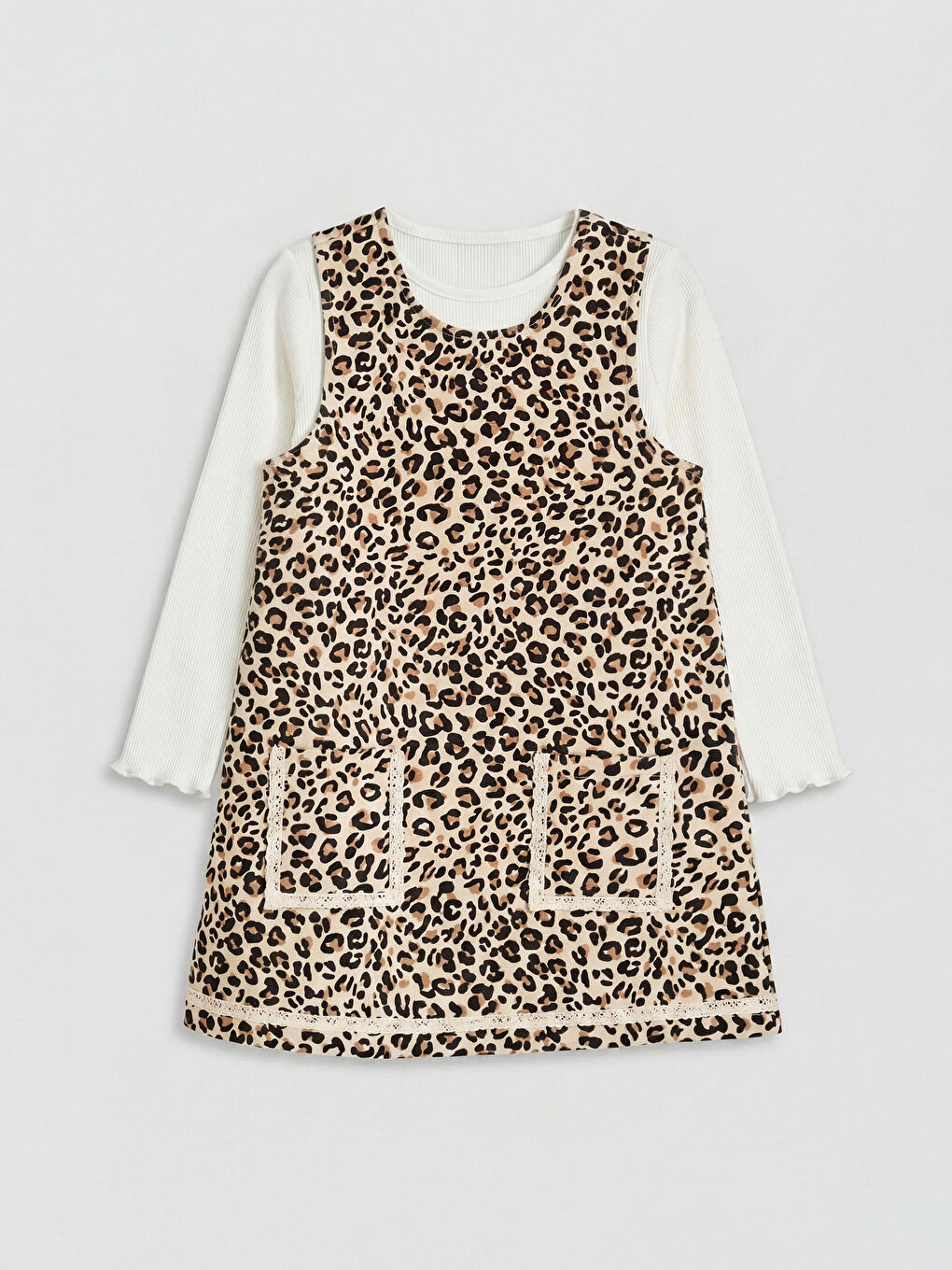 Bej Leopar Desenli Kız Çocuk Salopet Elbise ve Tişört