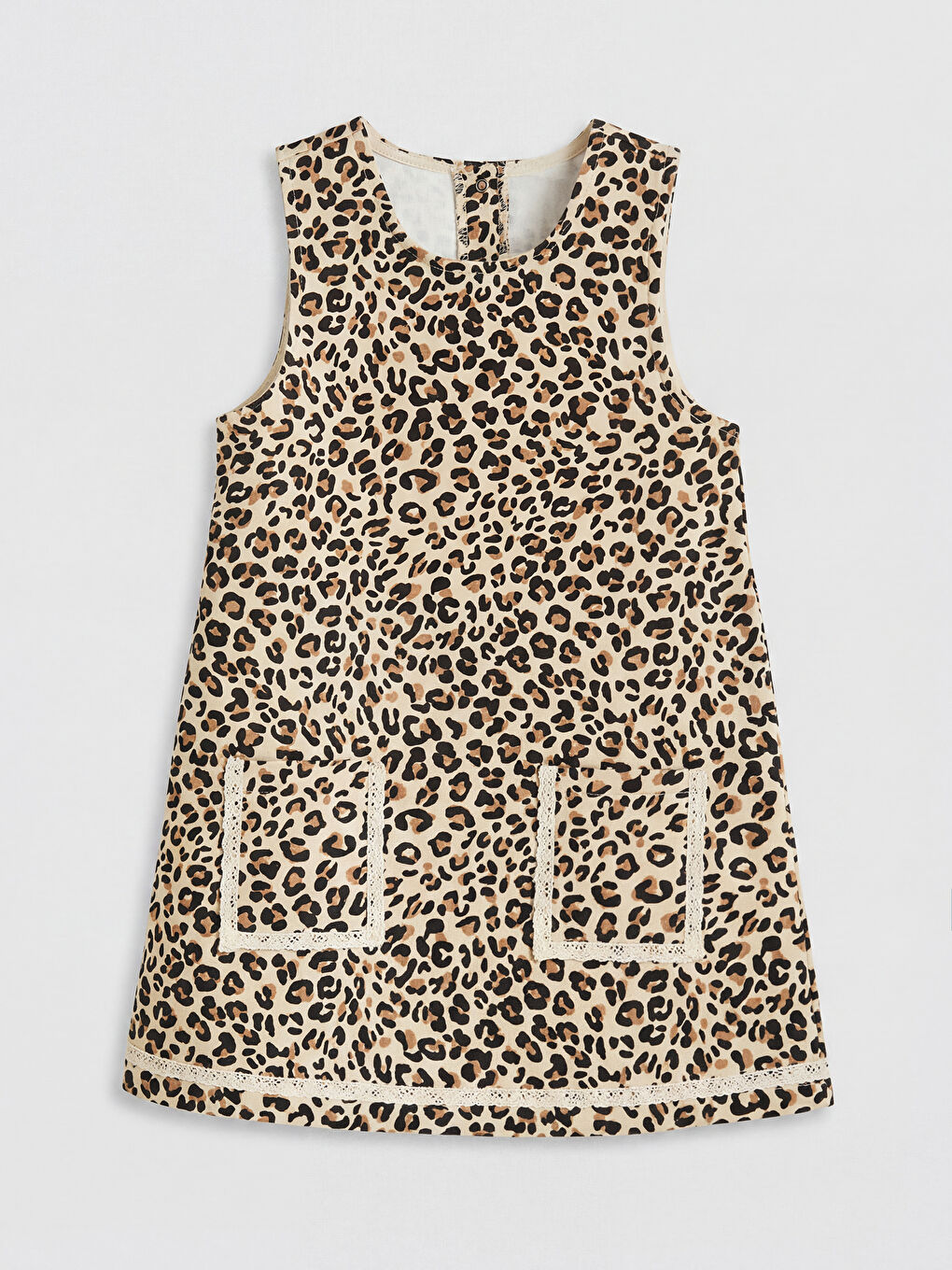 Bej Leopar Desenli Kız Çocuk Salopet Elbise ve Tişört-1