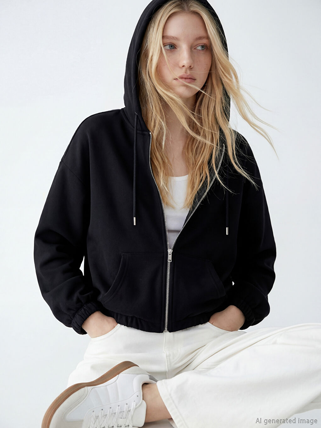 Siyah Soft Touch Oversize Kadın Fermuarlı Sweatshirt	-1