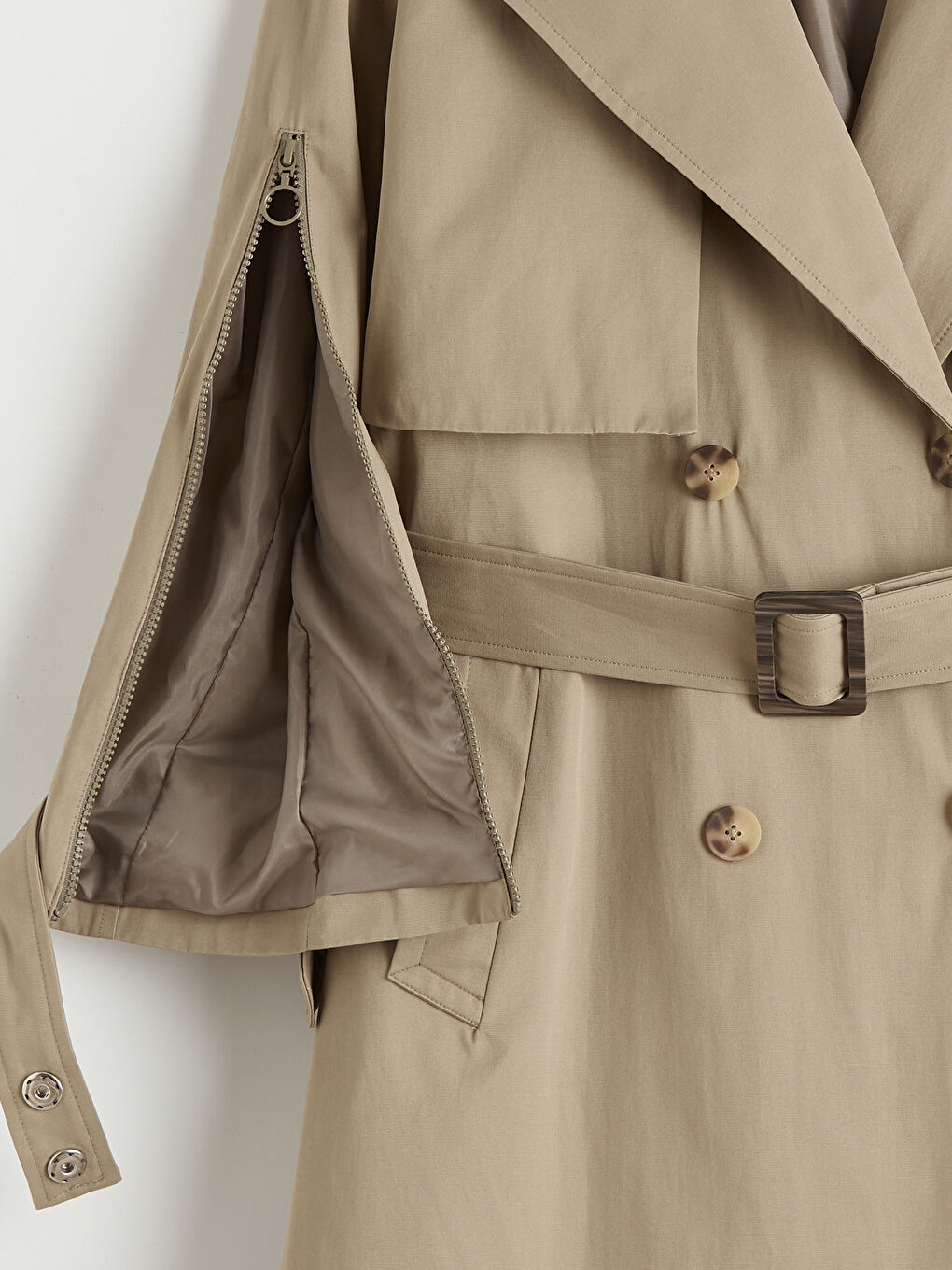 Haki Kolay Giyilebilir Cırt Bantlı ve Fermuarlı Kadın Trençkot-9