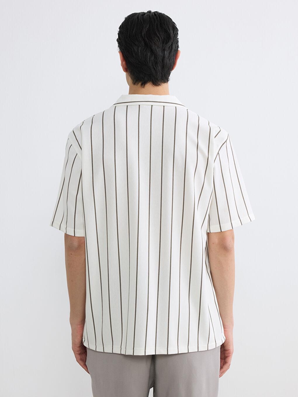 Ekru Regular Fit Çizgili Erkek Gömlek-3