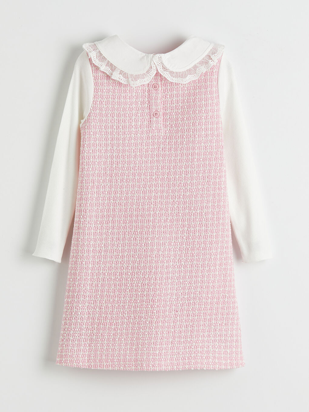 Pembe Bebe Yaka Ekose Desenli Kız Çocuk Tüvit Elbise-1