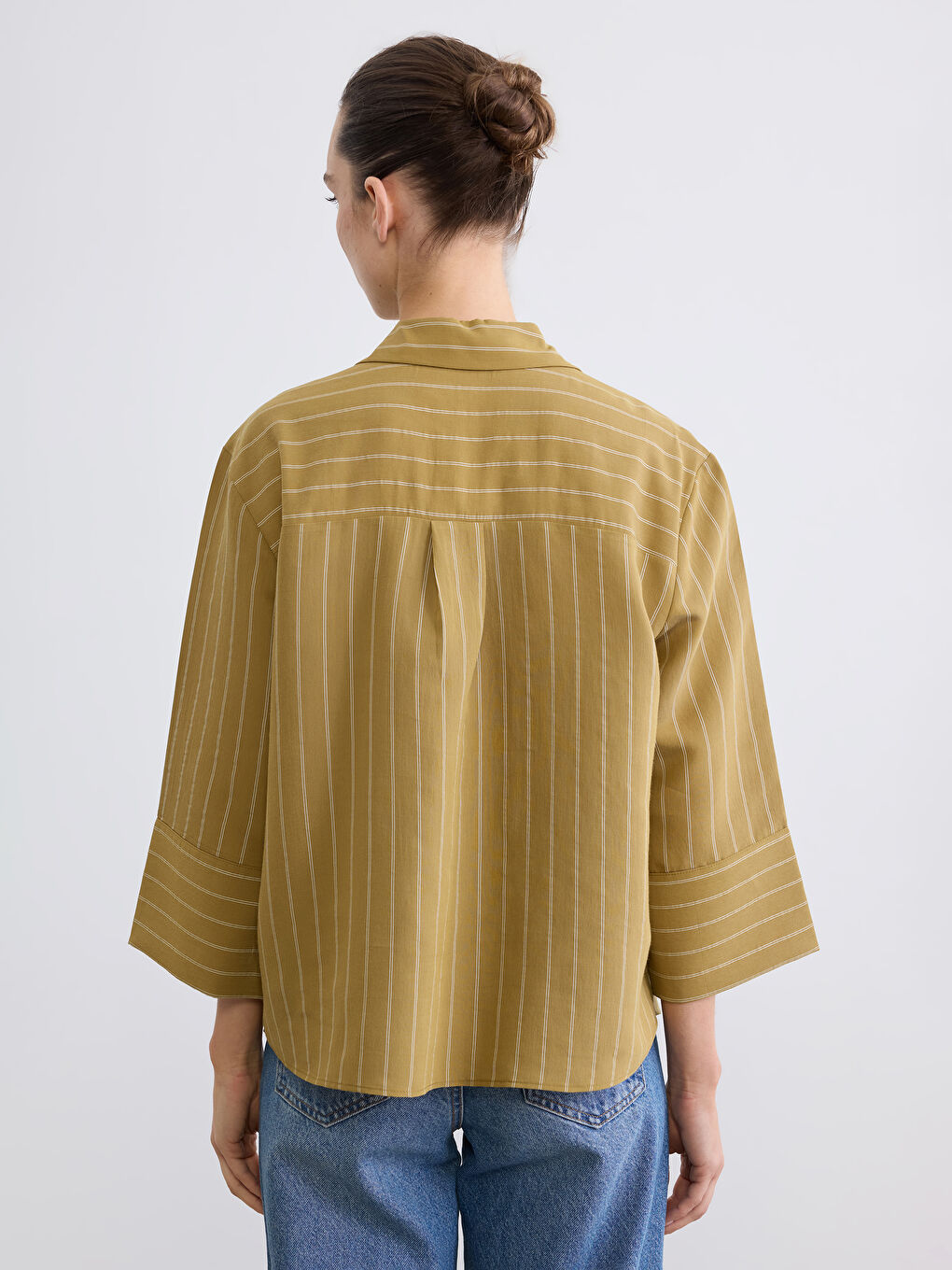 Haki Çizgili Poplin Kadın Gömlek-3