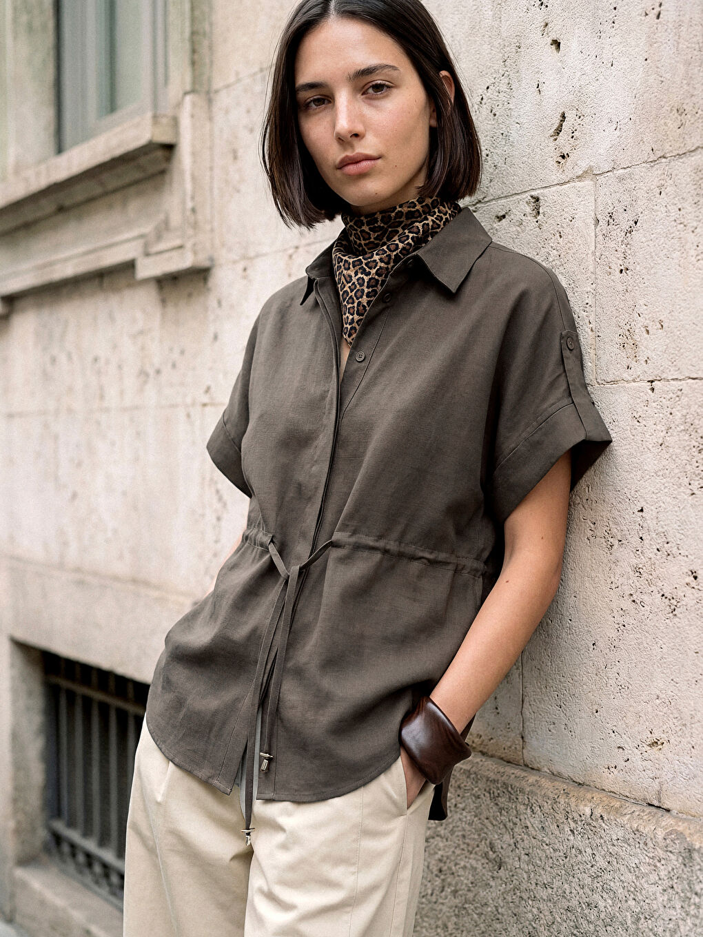 Haki Beli Bağlamalı Oversize Kadın Gömlek