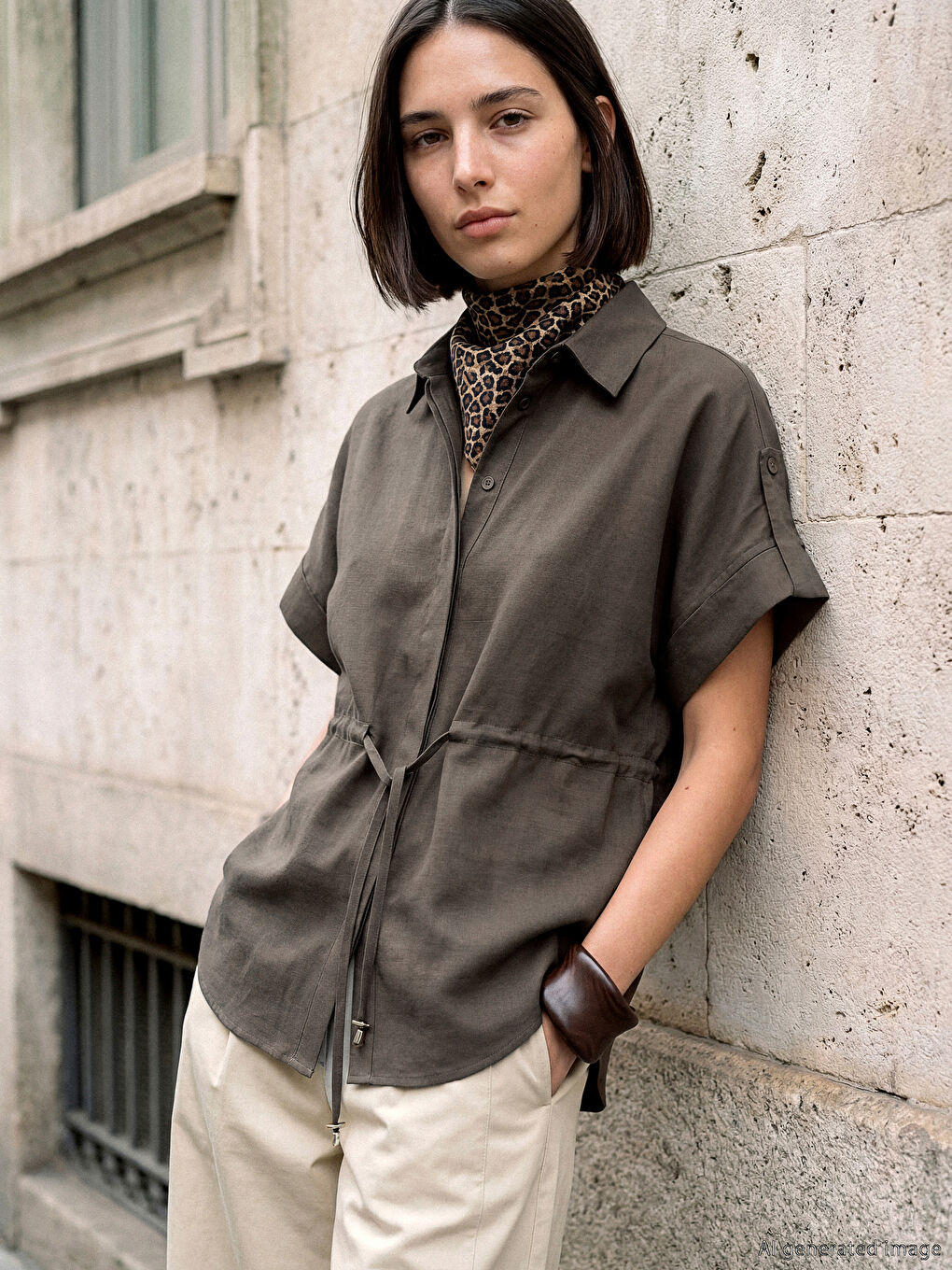 Haki Beli Bağlamalı Oversize Kadın Gömlek