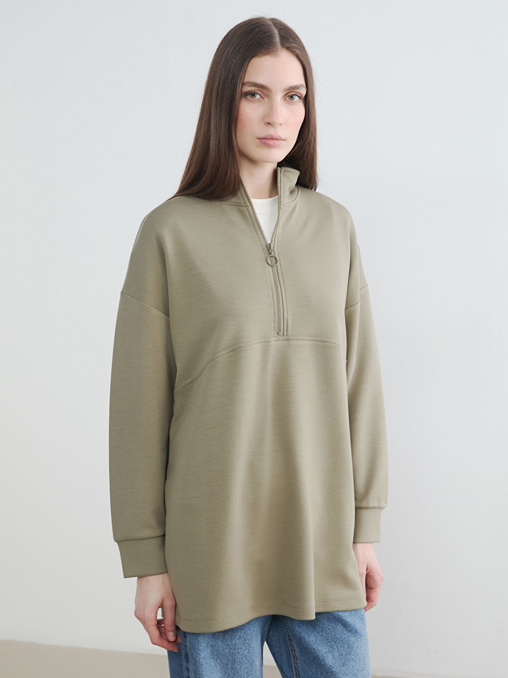 Haki Dik Yaka Soft Touch Kadın Sweatshirt Tunik