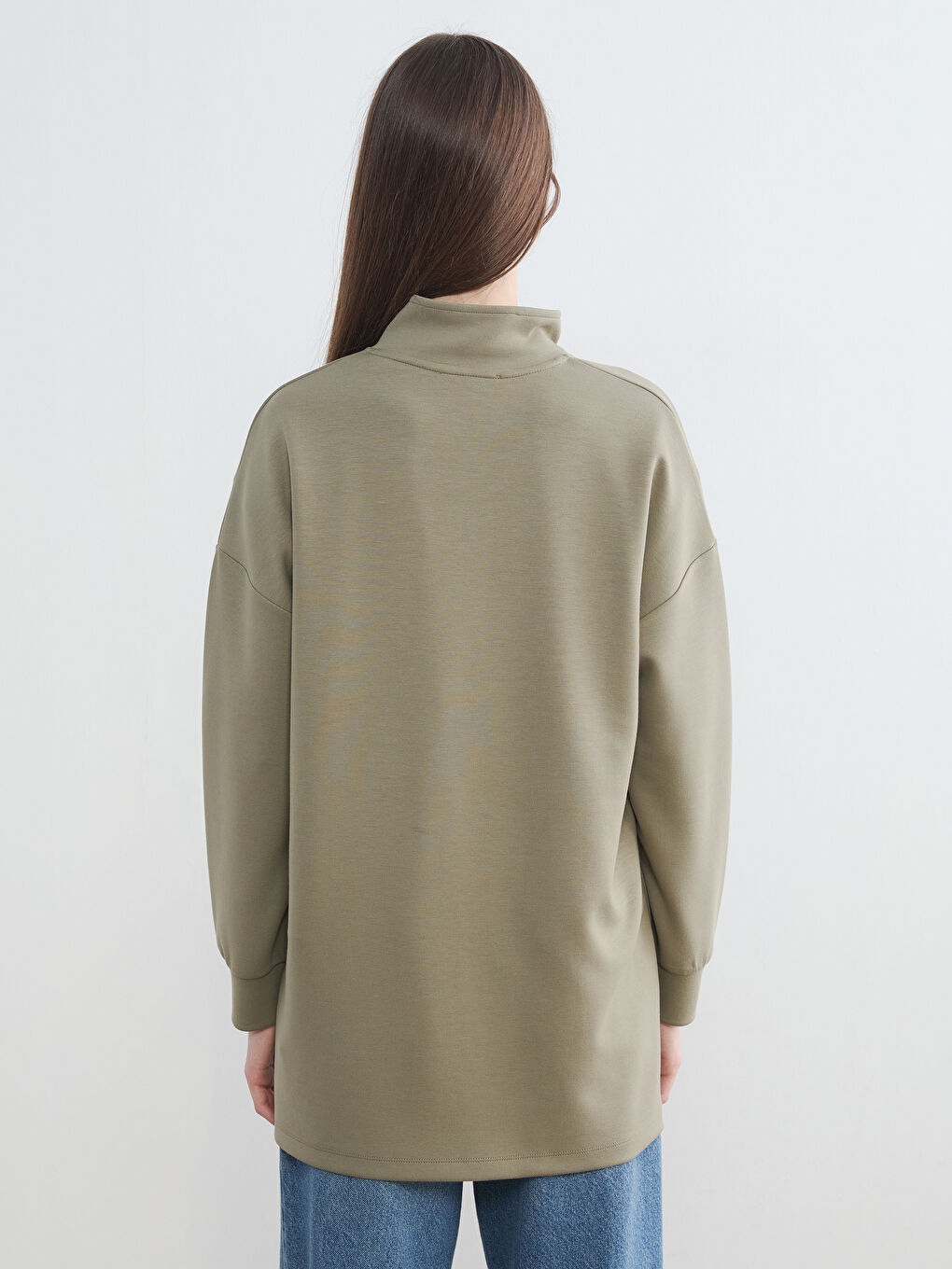 Haki Dik Yaka Soft Touch Kadın Sweatshirt Tunik-3