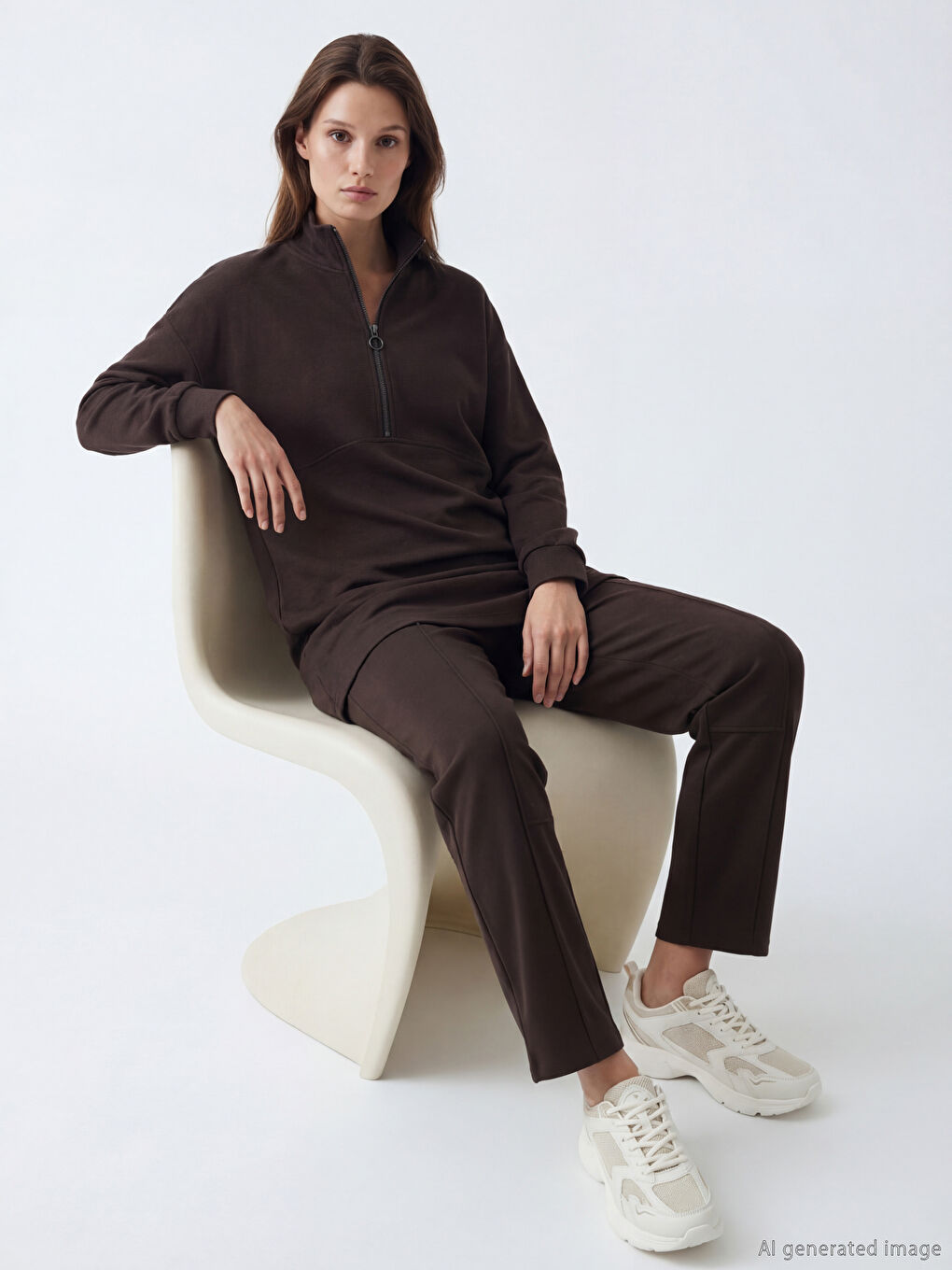 Kahverengi Dik Yaka Soft Touch Kadın Sweatshirt Tunik