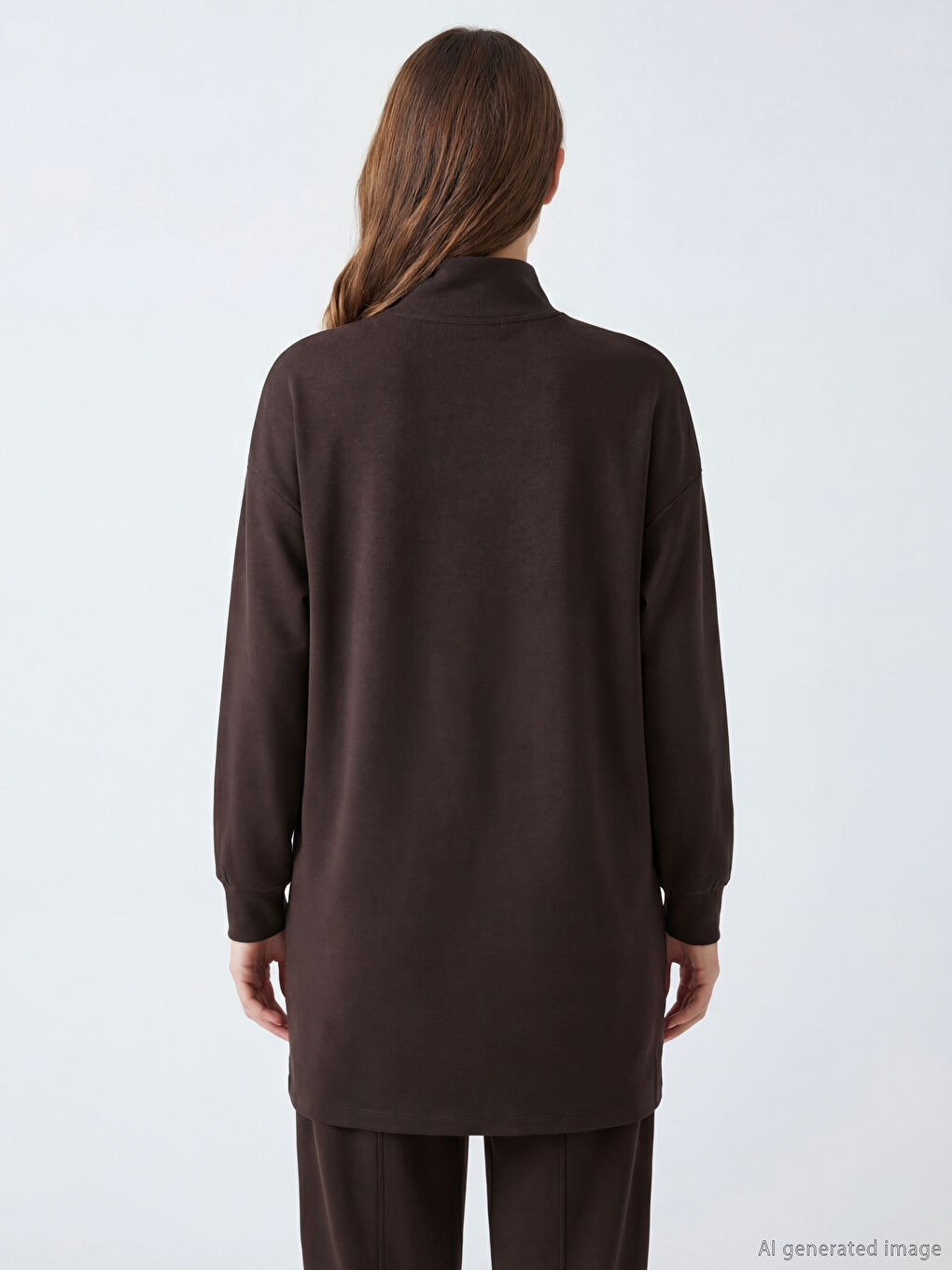 Kahverengi Dik Yaka Soft Touch Kadın Sweatshirt Tunik-1