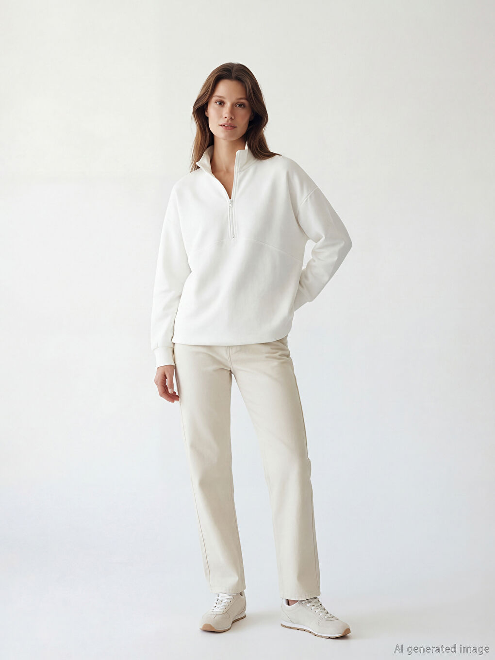 Ekru Dik Yaka Soft Touch Kadın Sweatshirt Tunik-1