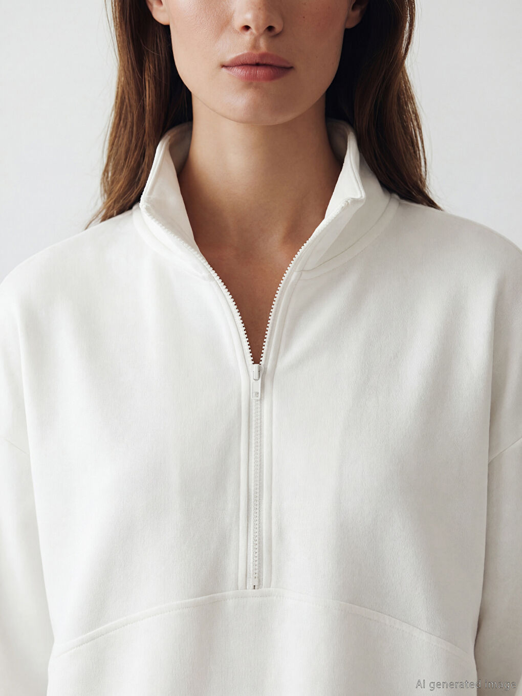 Ekru Dik Yaka Soft Touch Kadın Sweatshirt Tunik-2