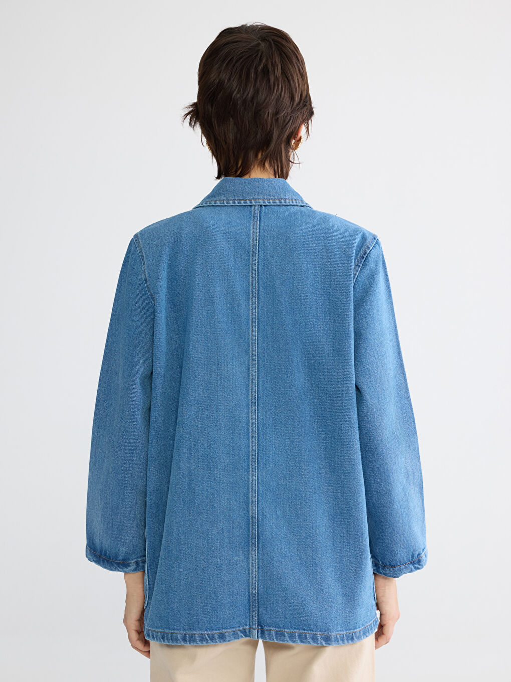 Lacivert Kruvaze Yaka Kadın Jean Blazer Ceket-3