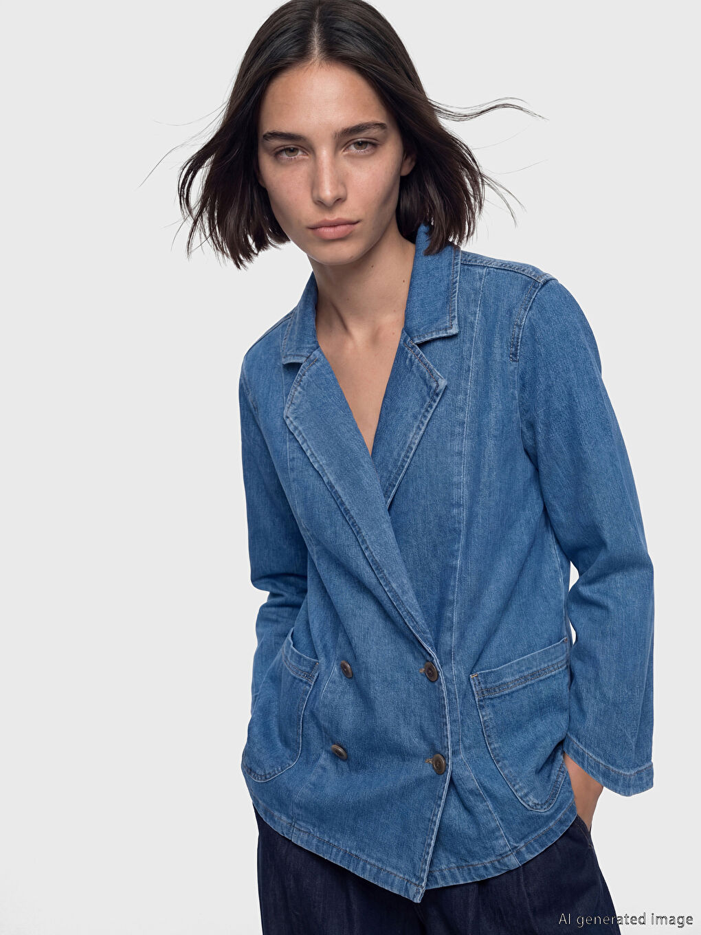 Lacivert Kruvaze Yaka Kadın Jean Blazer Ceket