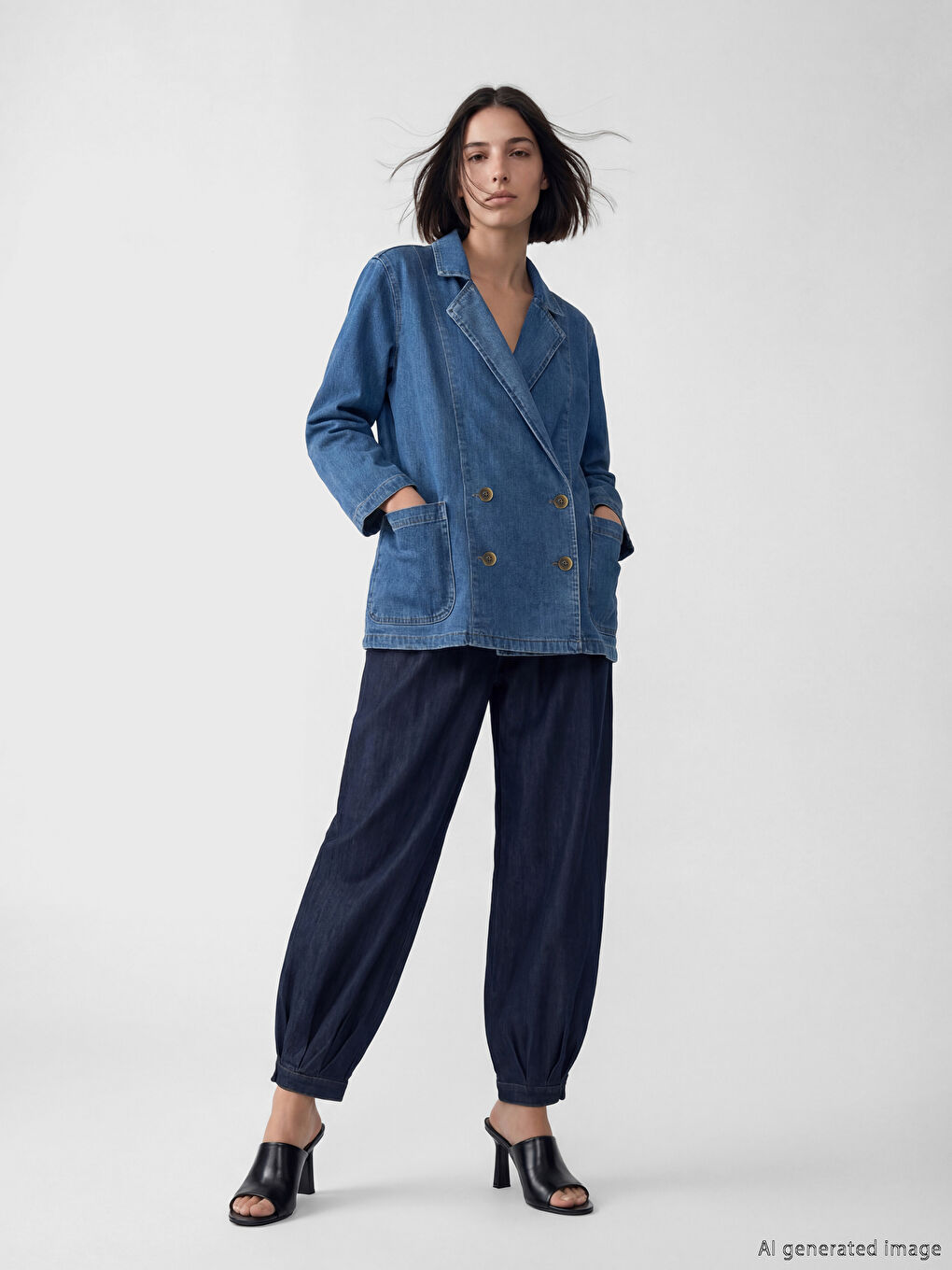 Lacivert Kruvaze Yaka Kadın Jean Blazer Ceket-2